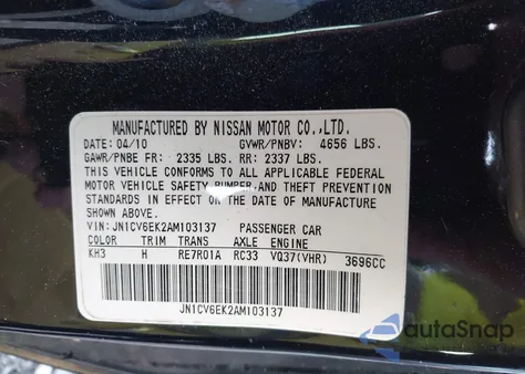 2010 Infiniti G37 Journey z USA, uszkodzony, nr VIN JN1CV6EK2AM103137